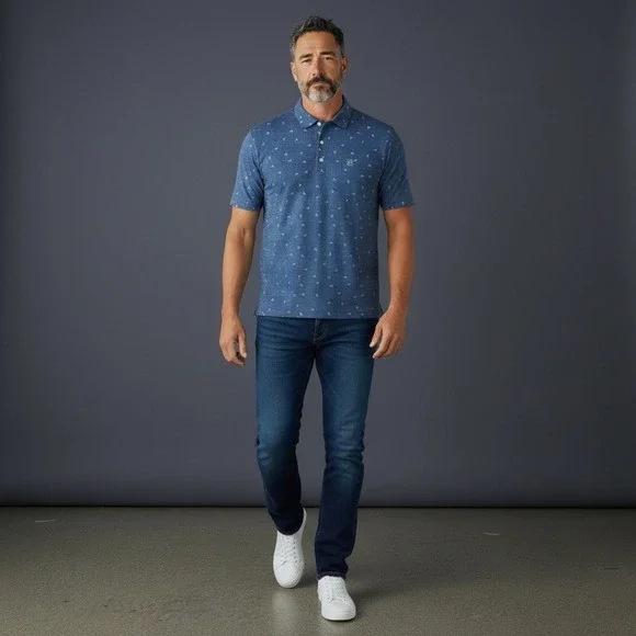 Johnnie O Top Shelf Mens Blue Martini Print Short Sleeve Polo Shirt Size M - Picture 1 of 10